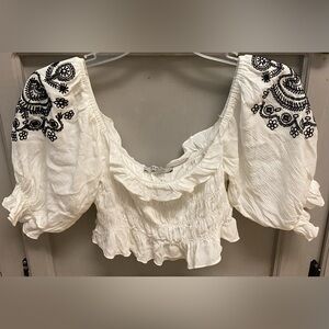 Embroidered White crop top Blouse with Black Detailing